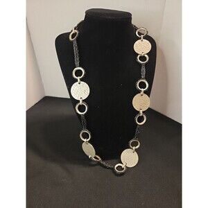 Kenneth Cole Black Braided Leather And Hammered Silvertone Discs 24" Necklace
